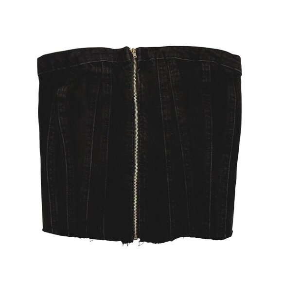 Zara Black Denim Corset Top Exposed Front Zipper Size XS Frayed Hem Strapless - Picture 4 of 9